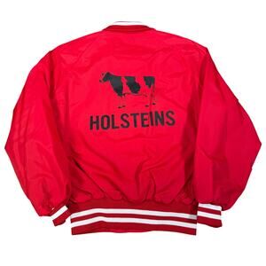 Vintage Holsteins Cow Satin Varsity Bomber Jacket Red Agriculture USA Sz Large